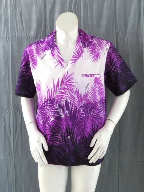 Vintage Hawaiian Shirt - Purple Fern Leaf Pattern by Helena - Men's Large