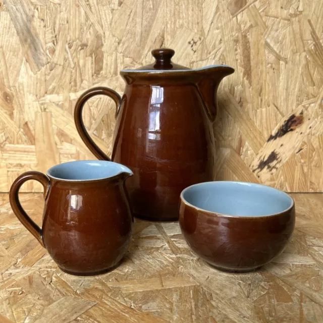 Vintage Denby Homestead Brown & Blue Coffee Tea Pot 1.5pt, Milk Jug & Sugar Bowl