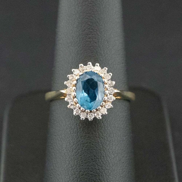 18CT GOLD RING Iolite and Diamond Halo Size N 3g US Size 6 3/4 18k 