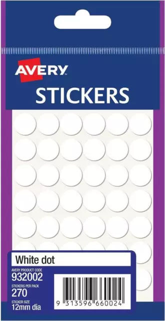 Avery White Dot Stickers, White, 12 mm, 270 Labels (932002)