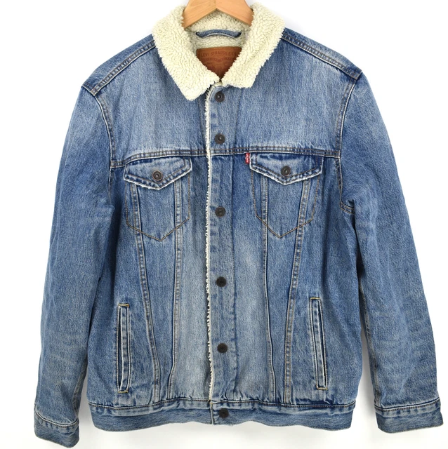Levi's Fleece Lined Blue Faded Denim Trucker Jacket Size L Levi's Fleece Lined Blue Faded Denim Trucker Jacket Size L