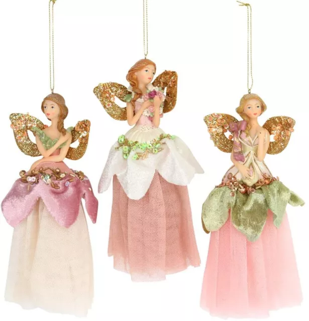 Gisela Graham Set Of 3 Pastel Resin & Fabric Fairies Hanging Christmas Tree