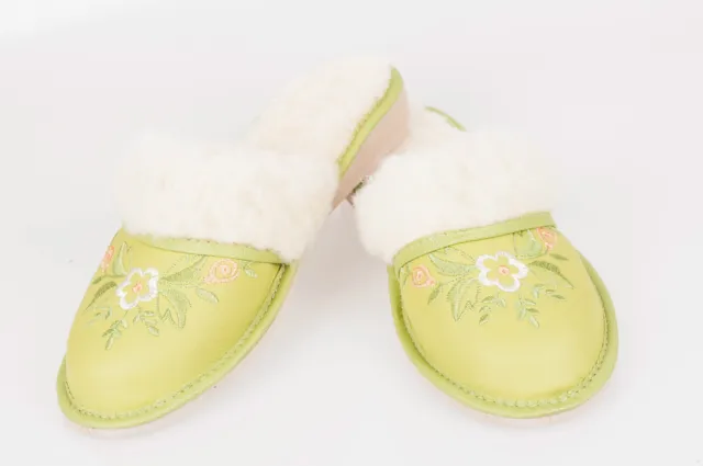 Ladies/Women`s 100% Natural leather warmed slippers size:3,4,5,6,7,8 Green