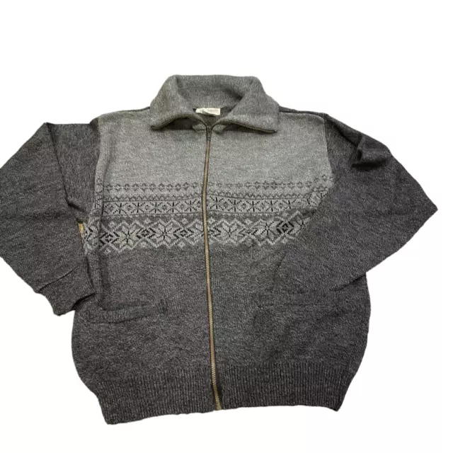 VTG Nordic Icelandic Full Zip Cardigan Sweater Ski Lodge Fair Isle Gray Black L