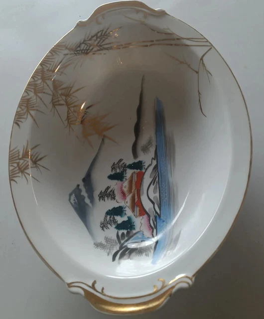 Vintage Noritake Gold & White Oval Serving Bowl 11”x8”Asian Waterfront & Bamboo