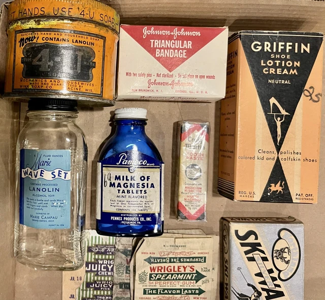 Antique Drugstore Lot, Pharmacy Lot, Advertising Tins and Bottles, Ski Wax