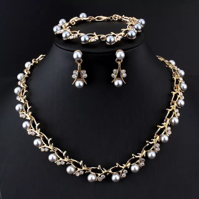 Bridal Wedding Party Necklace Jewellery Set Bracelet Gold Charcoal Pearl Crystal