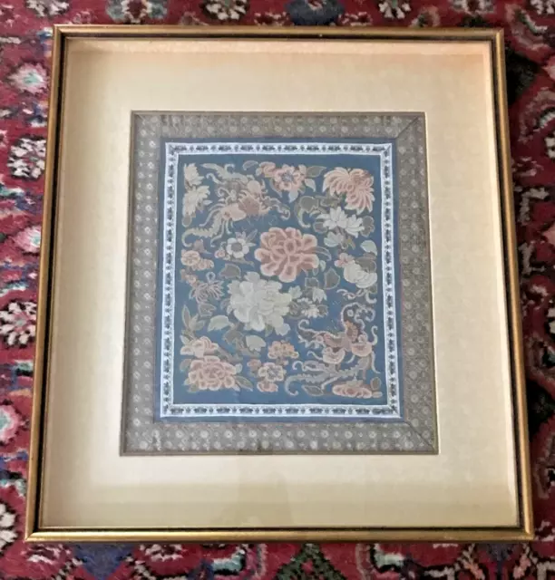 Antique Framed Chinese Forbidden Stitch Gold Thread Embroidery Silk Panel