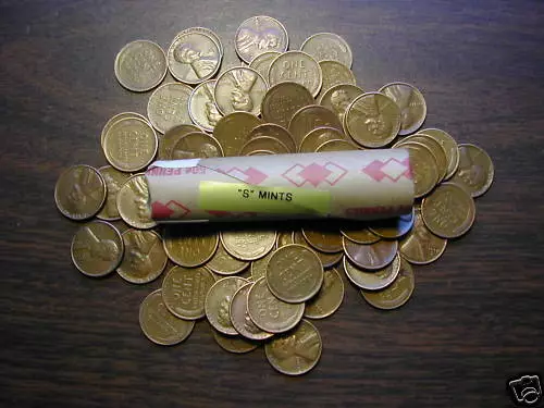 LINCOLN WHEAT CENT ROLL mixed, all "S" mints, forties & fifties!!