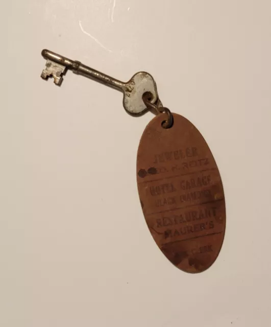 Antique Penn Lee Hotel Room Key & ID Tag Sargent Skeleton Key W/ Advertisements 2