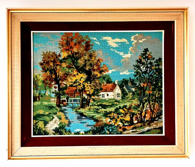 Tapiz de colección bordado enmarcado con aguja núcleo de cabaña de campo 60 x 51 cm