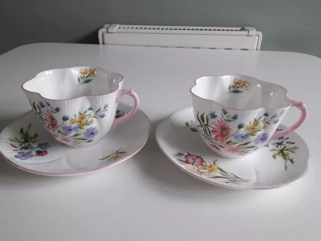 Pair of Shelley Fine Bone China 'Wild Flowers' Cups & Saucers pink trim -c.1950