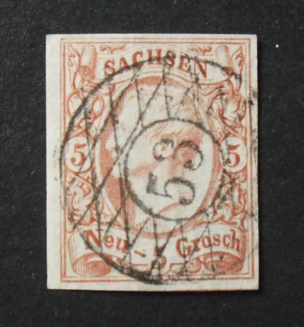 1856 Mi: 80,- MiNr 12 a Johann 5 Ngr. ziegelrot gestempelt 53 MEERANE überrandig