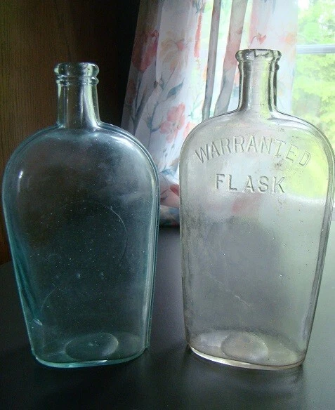 PAIR OF LARGE ANTIQUE 1890's STRAP SIDED WHISKEY FLASKS