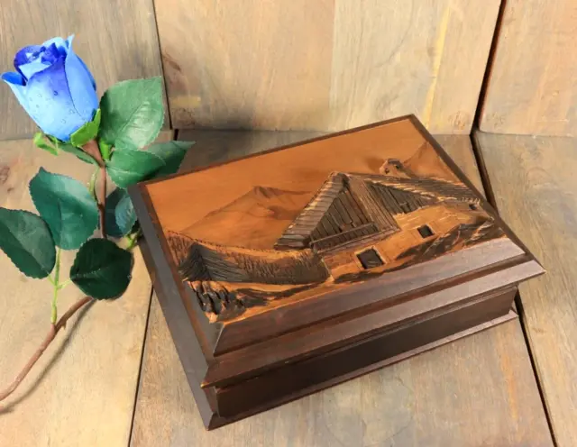 Antique French Hand Carved Relief Mountain Scene Black Forest Jewelry Box Signed