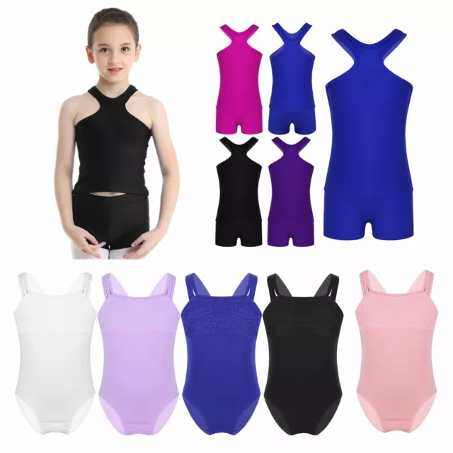 Girls Gymnastics Ballet Jumpsuit Kids Dance Sports Crop Top+Shorts Leotards Set