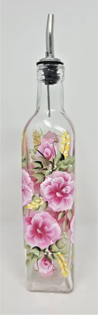 Oil Vinegar Glass Cruet Bottle Soap Dispenser Pink Roses Yellow Flowers