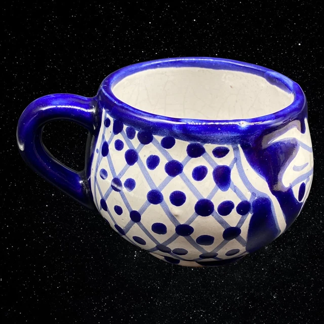 Vintage Mexican Folk Art Pottery Bubble Cobalt Talavera Mug 2.5”T 4.5”W