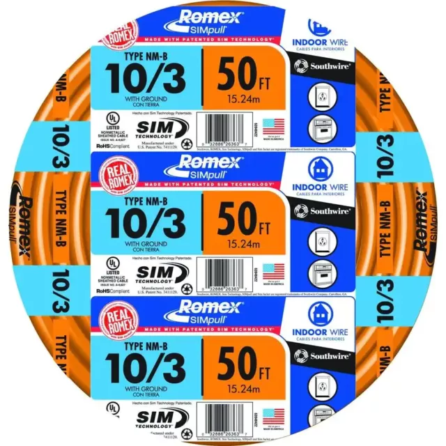 10/3 NM-B x 50' Southwire "Romex®" Electrical Cable ( CUT OF  SPOOL )