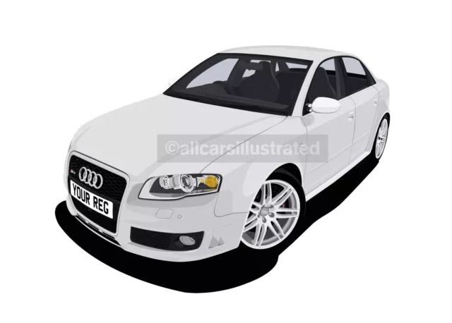 Audi Rs4 Graphic Car Art Print Picture (A4 Size). Add Reg Plate, Choose Colour