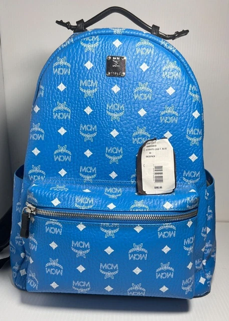 MCM Light Blue Stark Classic Visetos Large  Canvas Backpack W/ Original Tag Stud