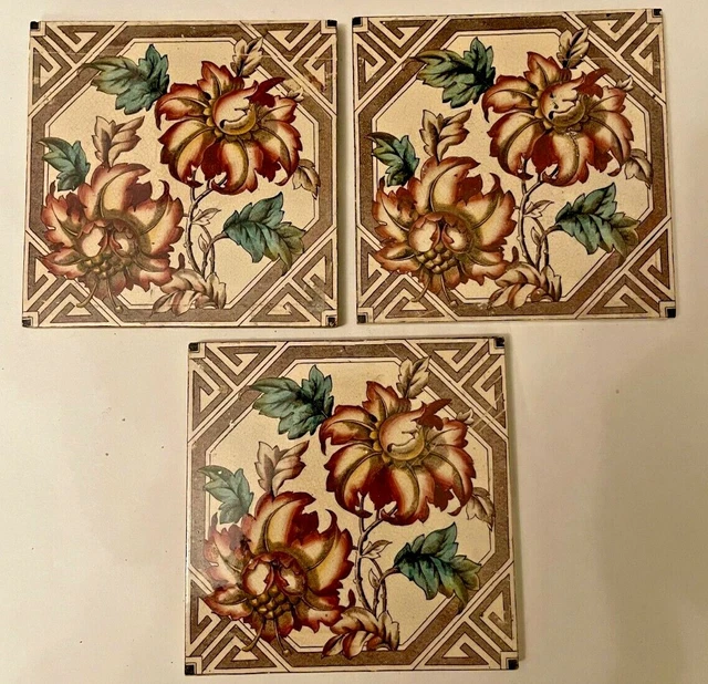 3x Antique Victorian Tiles Floral Design Transfer Printed Fireplace Tiled hearth