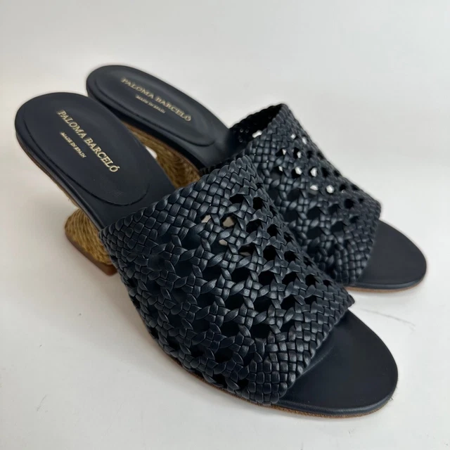 Paloma Barcelo Womens Runny Sandal Heel Navy Blue Leather Woven Slip On Mid 7