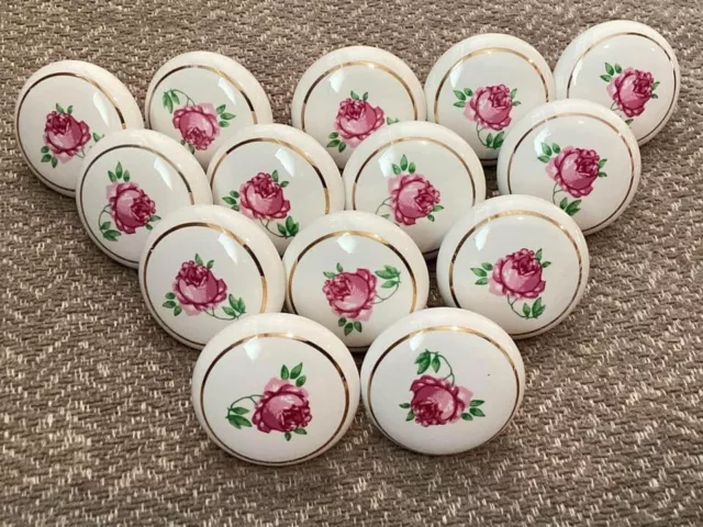 Vintage Porcelain Knobs Pulls Drawer Cabinet Door White Pink Rose Flower Set 14