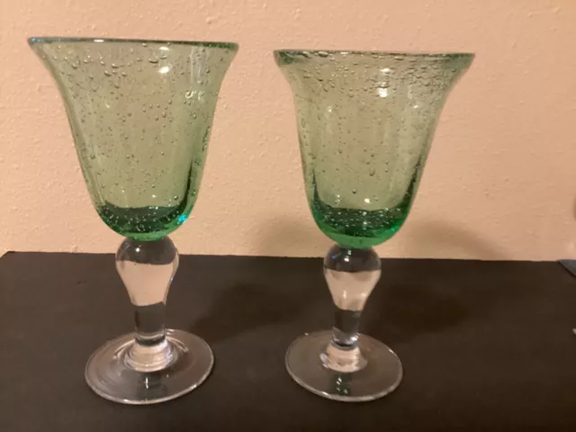 (2) ARTLAND Handblown Bubble Green Wine/Water Goblet with Clear Base, 8 1/4”