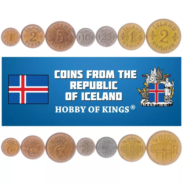 Icelander 7 Coin Set 1 Eyrir 2 5 10 25 Aurar 1 2 Krónur | Iceland | 1922 - 1942