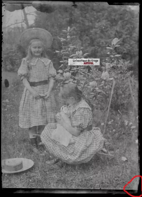 Plate Glass Photo Antique Negative Black and White 5 1/8x7 1/8in Girls Doll