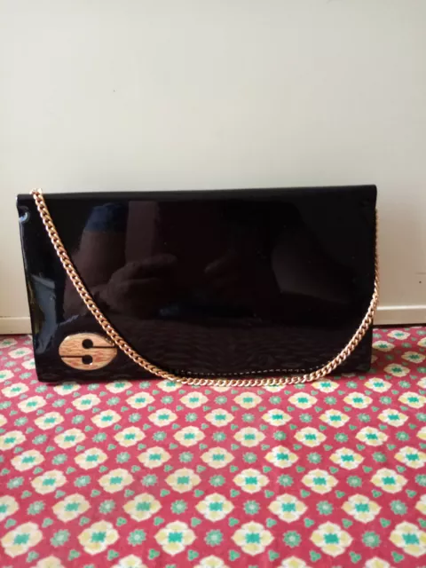 pochette sac de soirée  femme verni noir- chainette dorée- Vintage