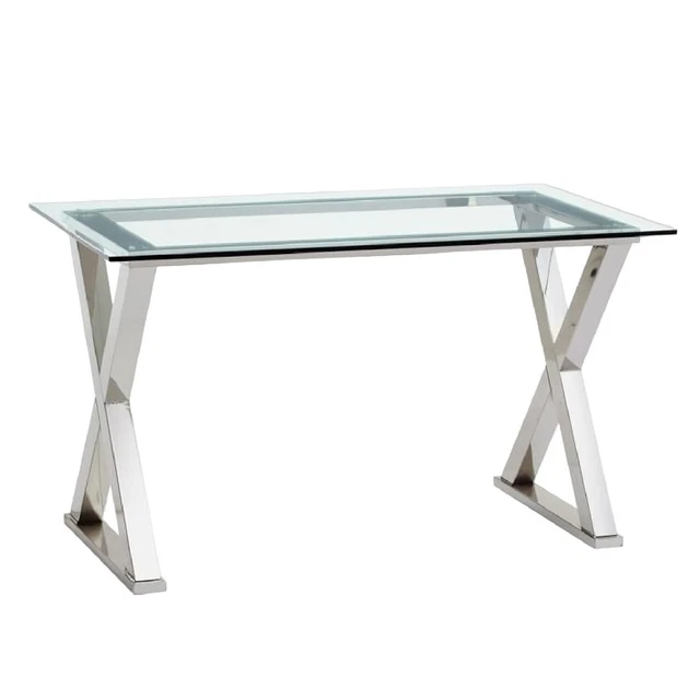 Pottery Barn Ava Nickle Glass Desk NIB Gorgeous Minimalist Classic Silver Base