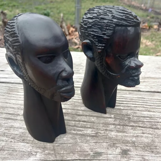 2 Vintage 1970’ Hand Carved Wood African Man Head Statue Figure Bust, Heavy Wood