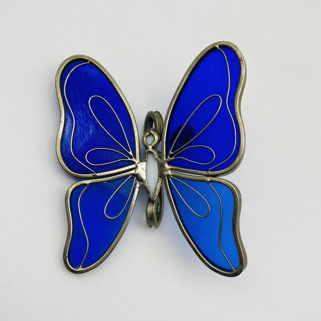 Stained Glass Butterfly Suncatcher Slag Blue White Leaded