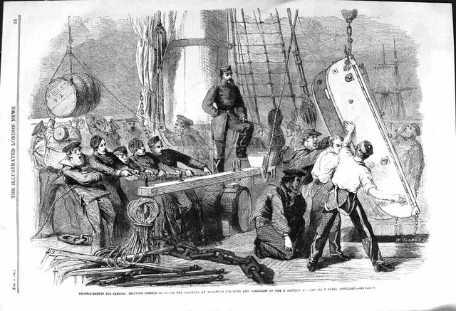 Original Old Antique Print 1862 Canada Shipping Sledges Calcutta Ship Woolwich