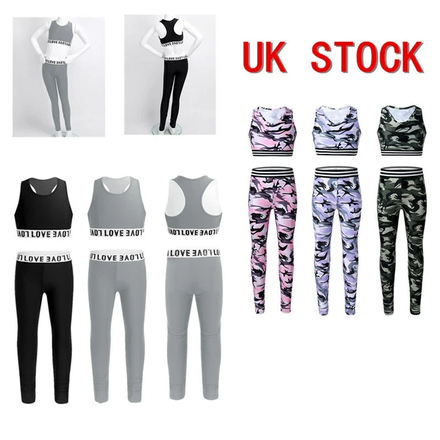 UK Kids Girls Tracksuit Sets Athletic Sportswear Racer Back Tank Tops Leggings