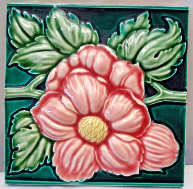 Antique Tile High Embossed Rose Flower Design Art Nouveau Majolica Japan Pink