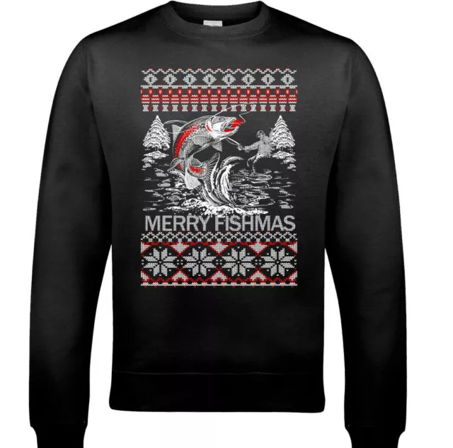 PESCA NATALE Maglione Merry Fishmas Uomo Divertente Felpa Natale Brutto Pescatore