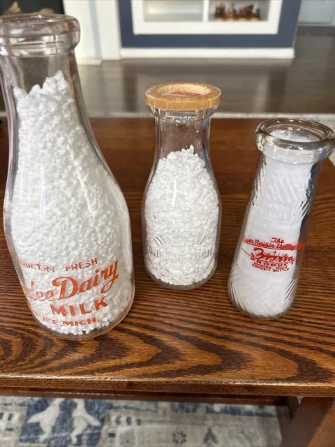 3 Vintage Milk Bottles Dundee MI Fiesta Dairy Glass Embossed Quart Pint Half