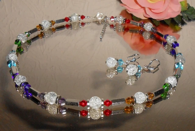 FUNKELNDES 2er Schmuck SET / Crackle GLAS Perlen + Glas Rhomben in bunt ML 51 cm
