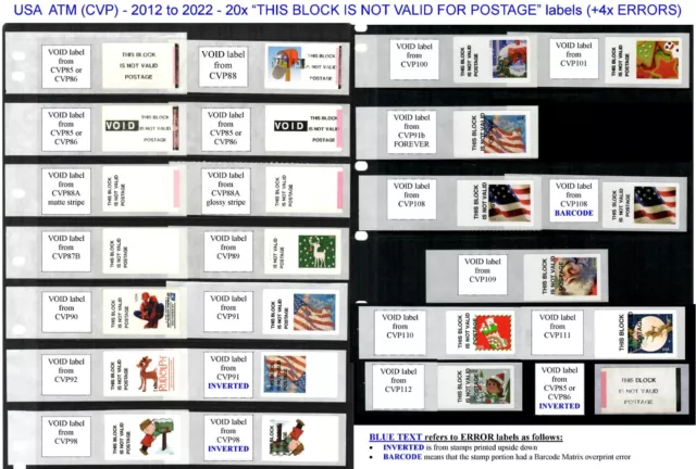 APC / CVP / ATM - 20x different USA VOID stamps (2012 to 2022) + 4x ERROR VOID