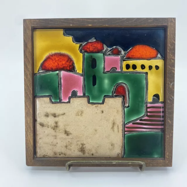 Vintage Jerusalem Ein Reb Framed Art Pottery Tile Glazed Ceramic Judaica Israel