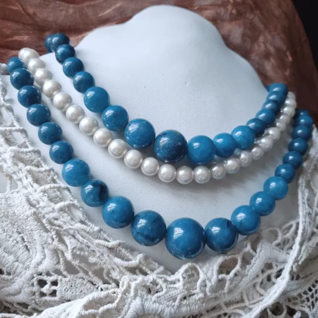 Collier Vintage 60's Perles Et Lucite Bleue 3 Rangs Longueur 52cm Fermoir Bijou