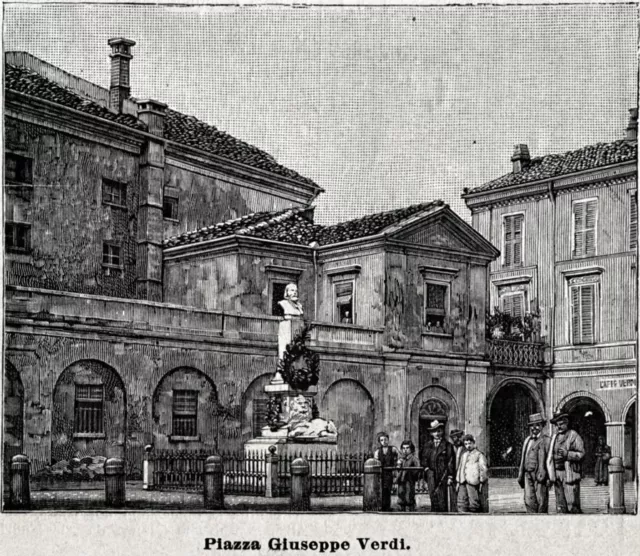 Valenza Po: Piazza Giuseppe Verdi. Stampa antica di 120 anni + passepartout.1901