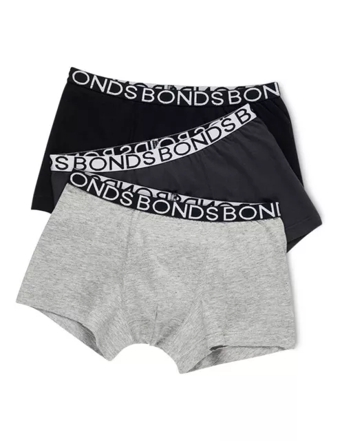 Bonds Boys Kids 3 Pack Cotton Trunks Underwear sizes 4 6 8 10 Colour Black Grey