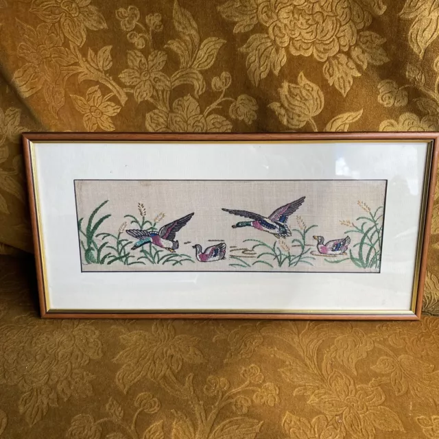 Vintage Antique Linen Embroidery Cross Stitch Cotton Linen Ducks Birds Game Hunt