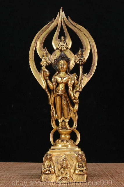 9.2" Chinese Bronze 24K Gold Gilt Buddhism Kwan-yin Guan Yin Boddhisattva Statue