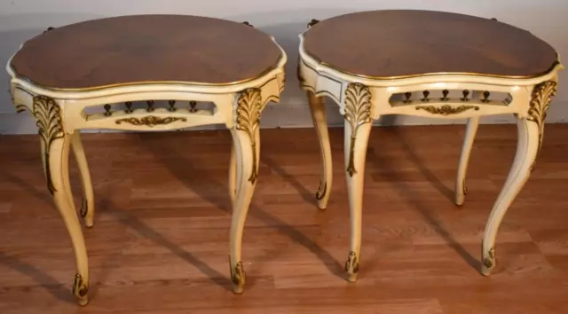 1930 French hand painted Solid Mahogany & satinwood inlay pair side end tables