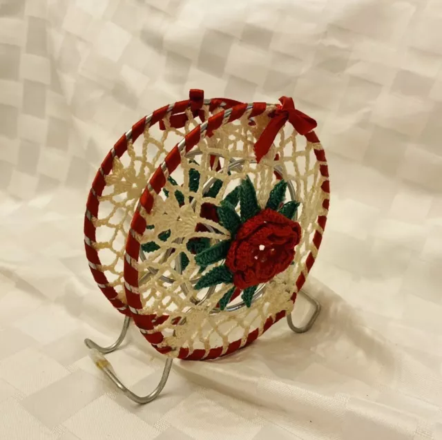 Napkin Holder Colorful Green Cream & Red Crochet English Cottage Kitchen Farm